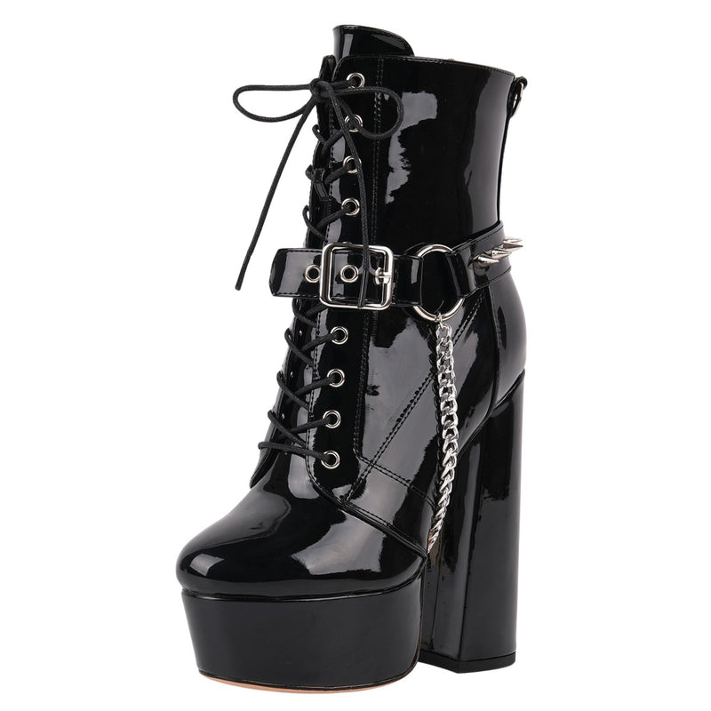 Platform Rivet Buckle Metal Chain Lace-up Ankle Boots