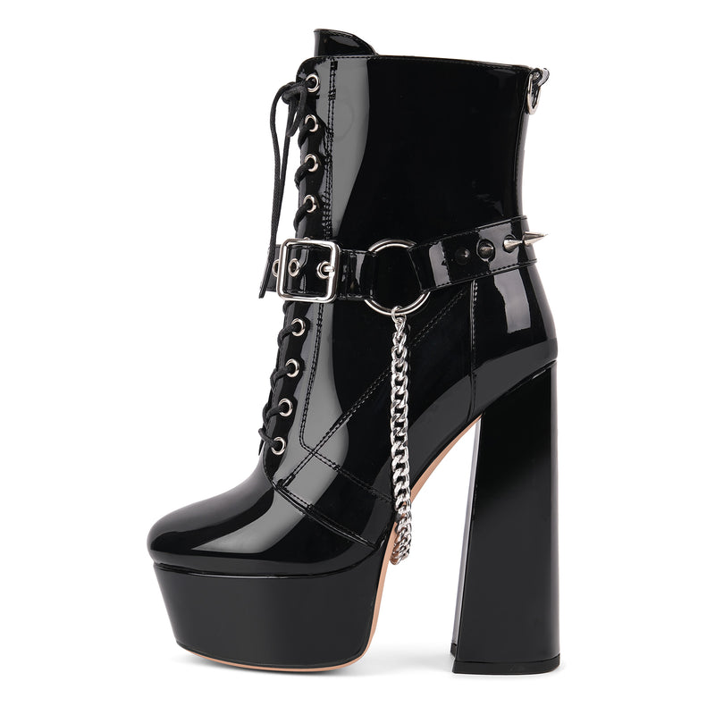 Platform Rivet Buckle Metal Chain Lace-up Ankle Boots