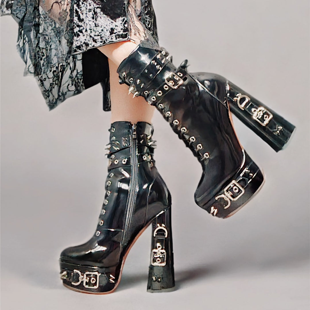 Rivet Belt Buckle Platform Lace-up Chunky Heel Boots – Onlymaker