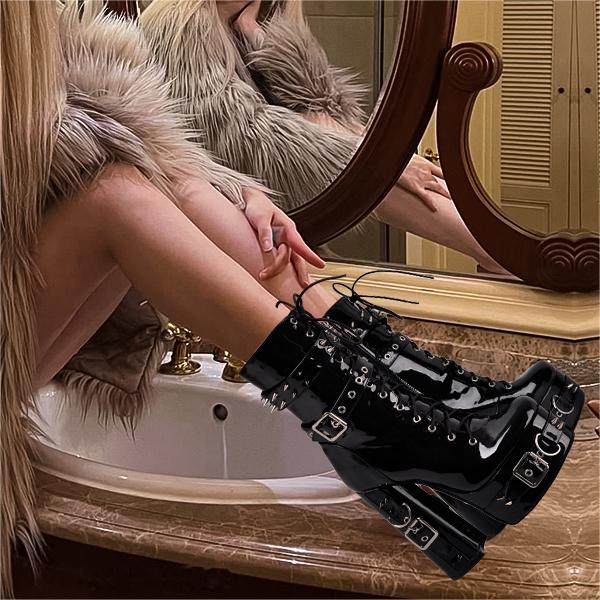 Rivet Belt Buckle Platform Lace-up Chunky Heel Boots – Onlymaker