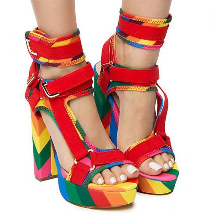 Canvas Rainbow Ankle Strap Chunky Heel Sandals Onlymaker