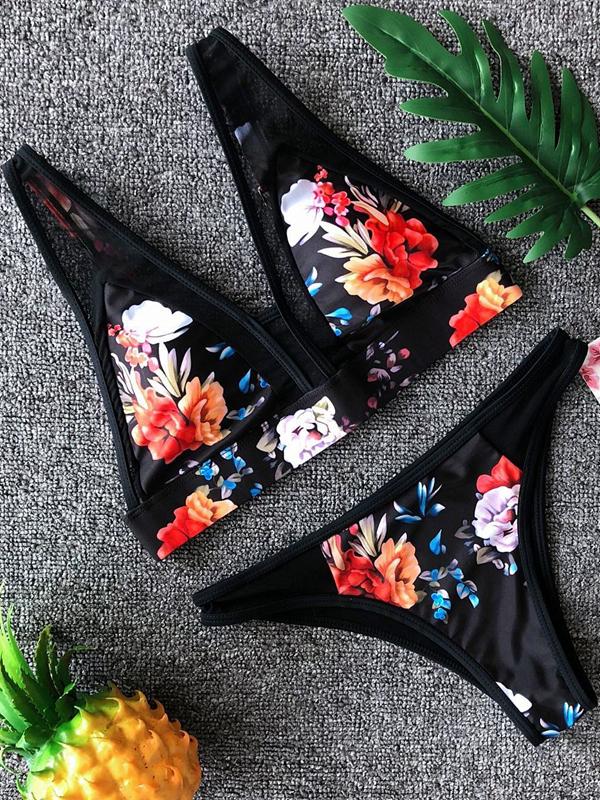 Mesh Floral Printing Triangle Bikini Set