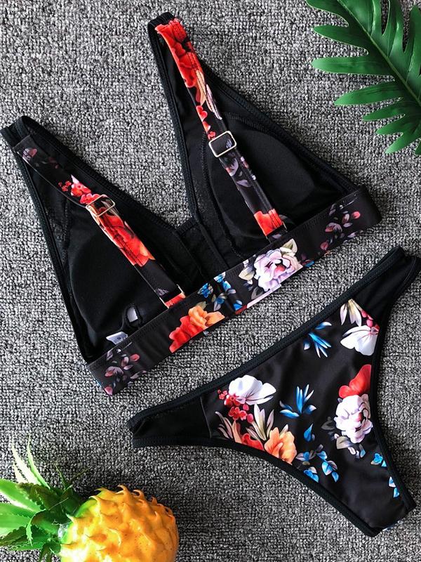 Mesh Floral Printing Triangle Bikini Set