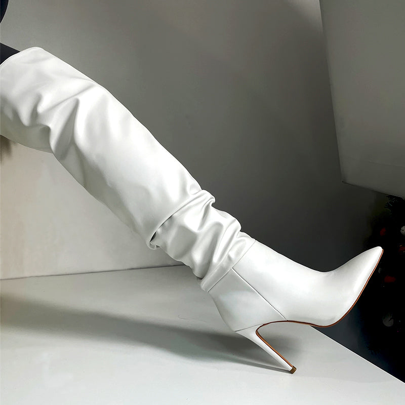 White Pointed Toe Stiletto Tight High Boots 10CM Heel