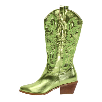 Green Embroidered Mid-Calf Western Boots