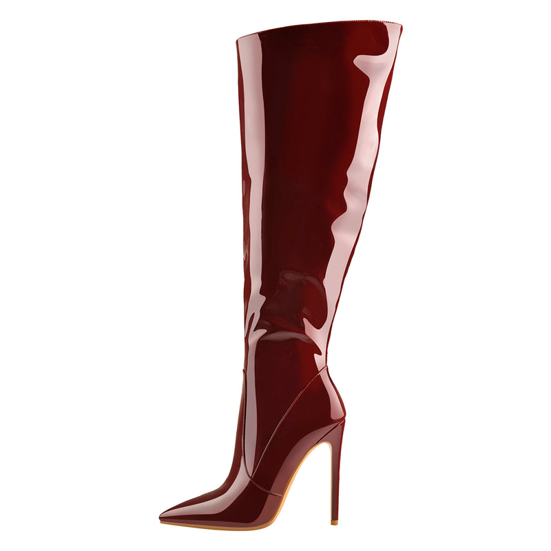 Pointed Toe Patent Side Zipper Knee High Boots