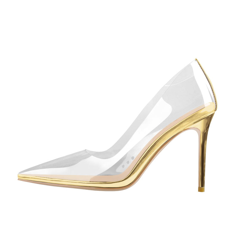 Transparent Pointed Toe Slip on Gold High Heel Stiletto Pumps