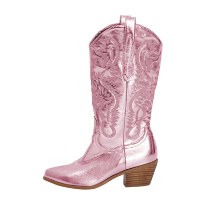 Pink Embroidered Mid-Calf Western Boots