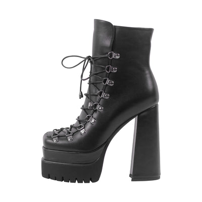 Black Double Platform Side Zipper Lace-up Ankle Boots