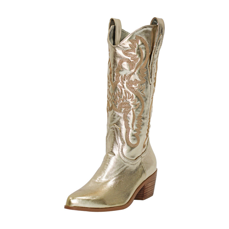 Gold Embroidered Mid-Calf Western Boots