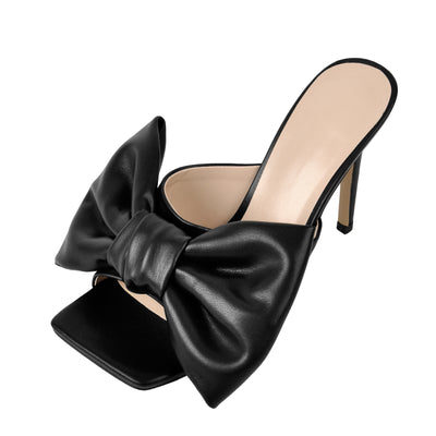 Black Bow Leather Square Toe High Stiletto Heels Sandals
