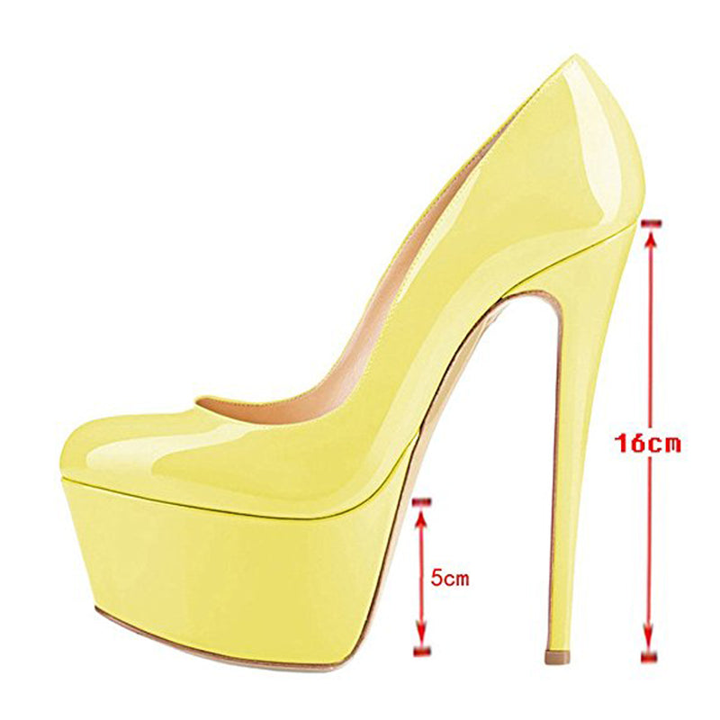 Patent Leather Rounde Toe Platform Yellow Stiletto High Heels Pumps