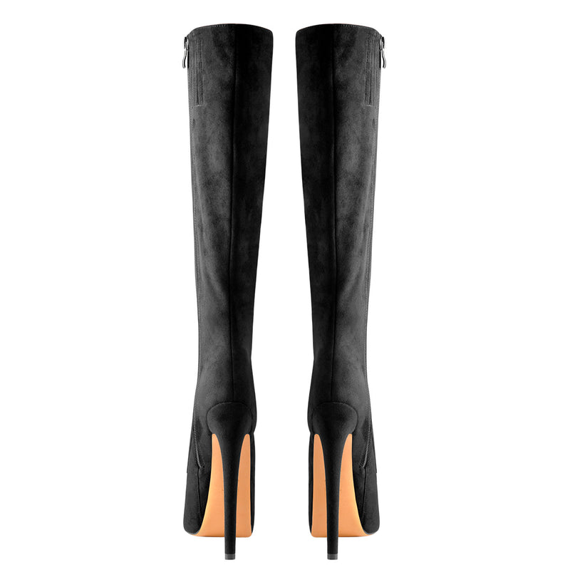 Black Platform Lace-Up Knee High Stiletto Boots