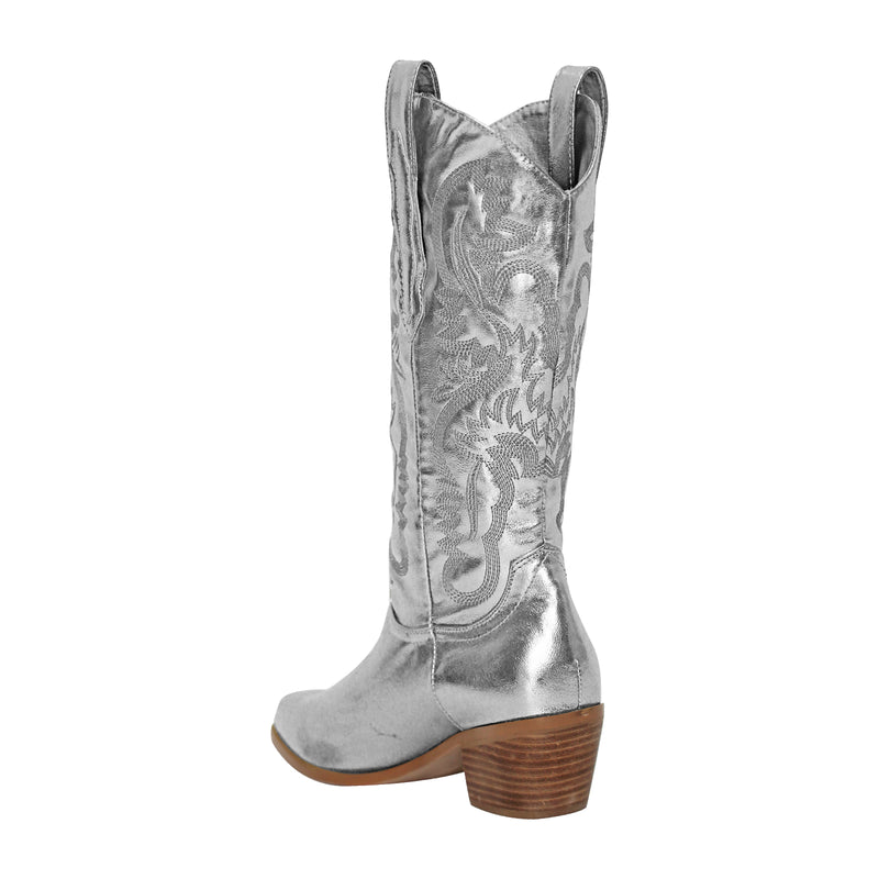 Silver Embroidered Mid-Calf Western Boots