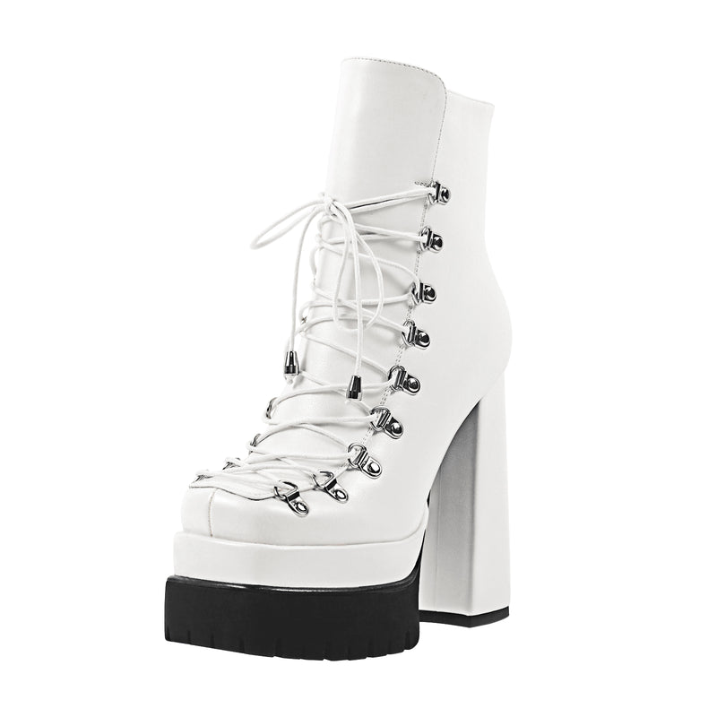White Double Platform Side Zipper Lace-up Ankle Boots