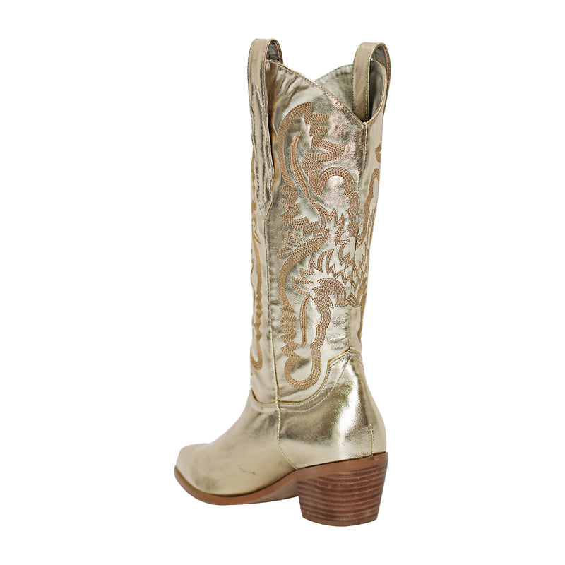 Gold Embroidered Mid-Calf Western Boots