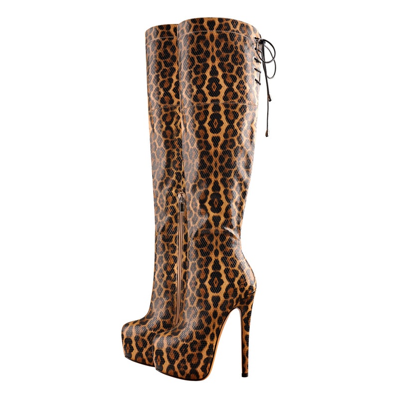 Leopard Snake Scale Round Toe Platform High Heels Over The Knee Boots