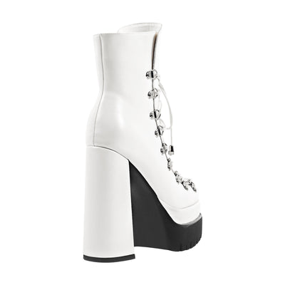 White Double Platform Side Zipper Lace-up Ankle Boots