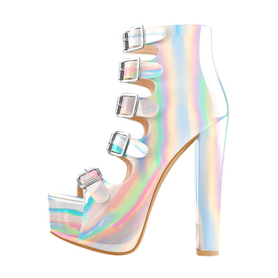 Patent Leather Platform Open Toe Five Buckle Strap Chunky Heels Ankle Sandals Boots