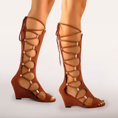 Lace Up Gladiator Cutout Wedge Sandal Boots