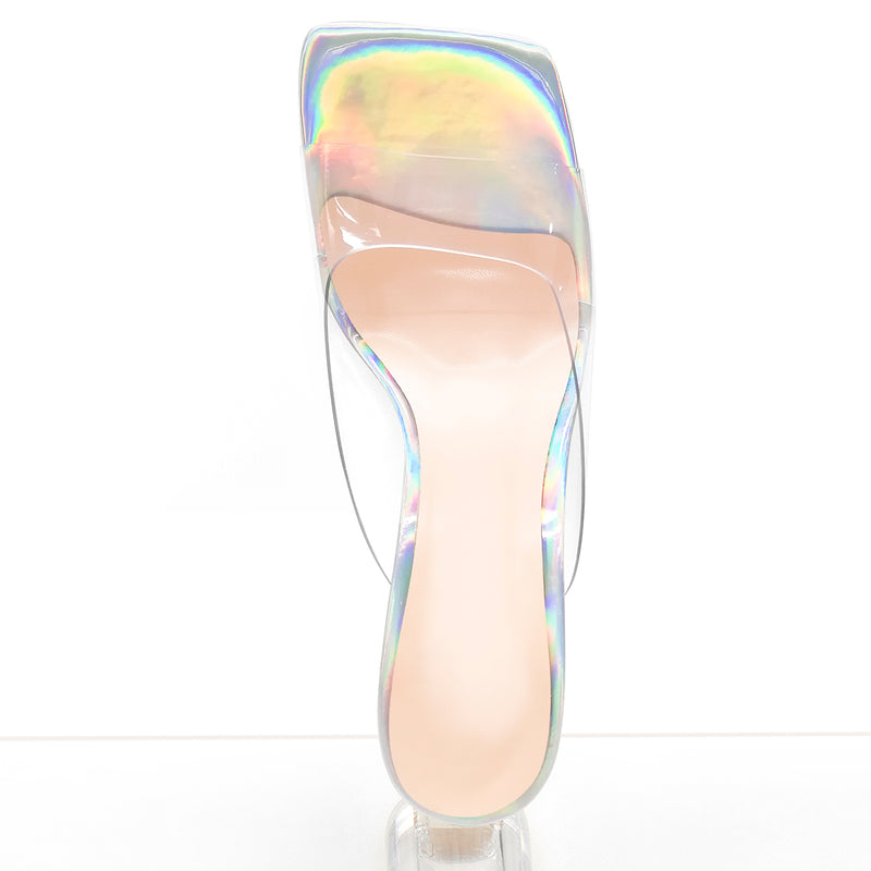 Holographic Transparent Chunky Heel Square Toe Sandals Mules