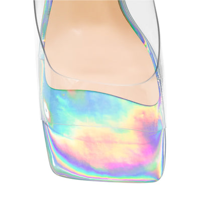 Holographic Transparent Chunky Heel Square Toe Sandals Mules