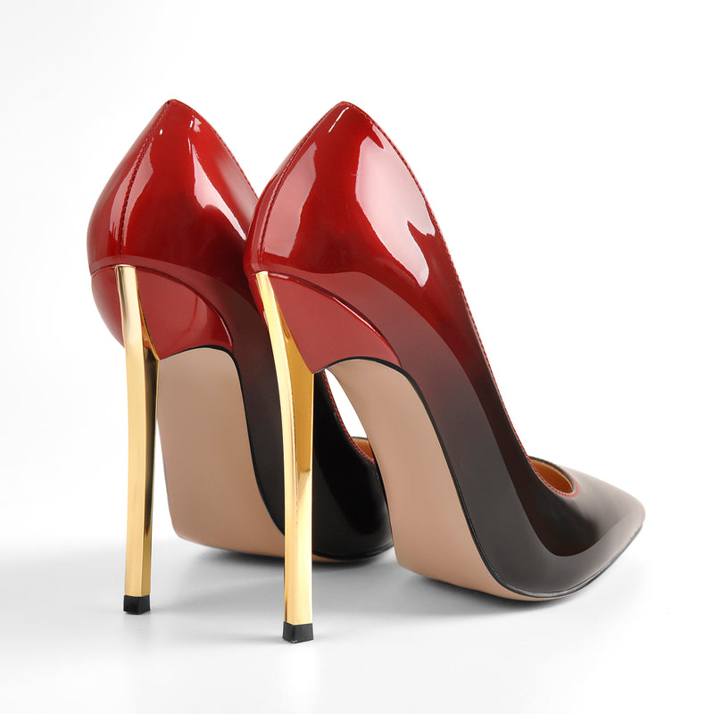 Black Red Gradient Patent Leather Metal Heels Pumps