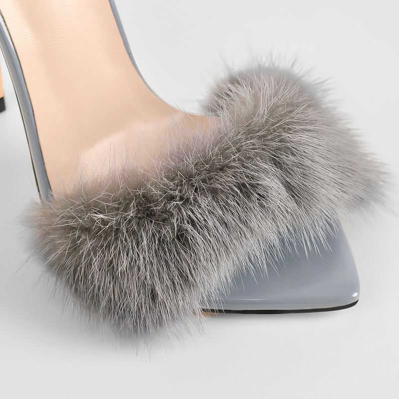 Gray Feather Pointed Toe High Heel Stilettos Sandals