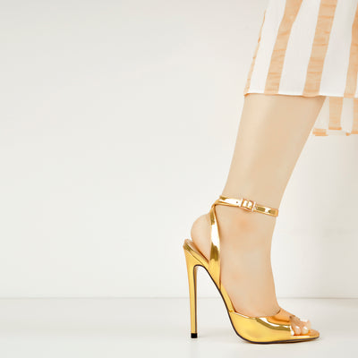 Gold Round Toe Strap High Heel Stilettos Sandals