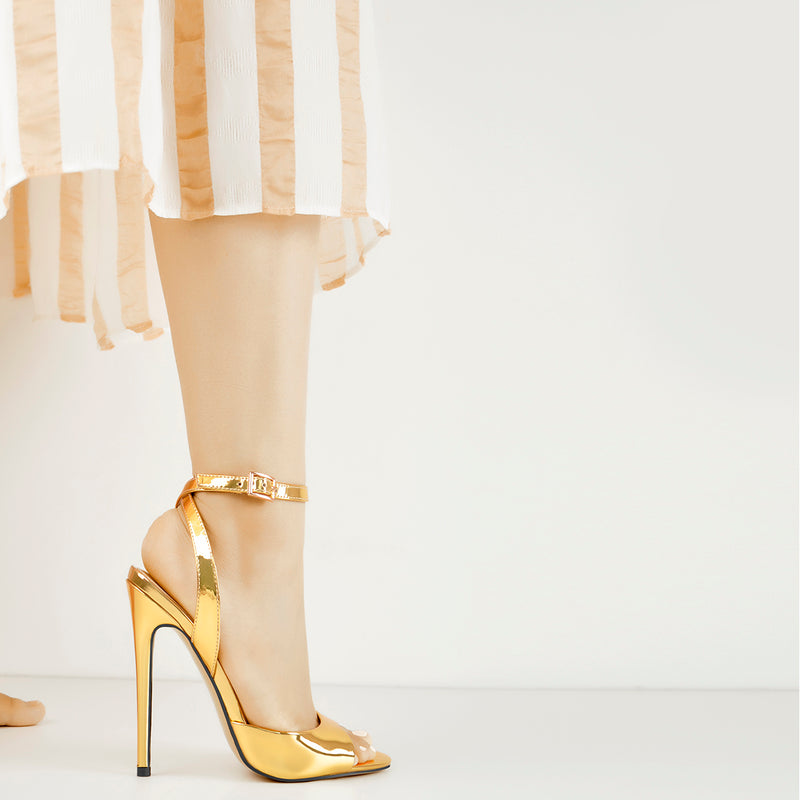 Gold Round Toe Strap High Heel Stilettos Sandals