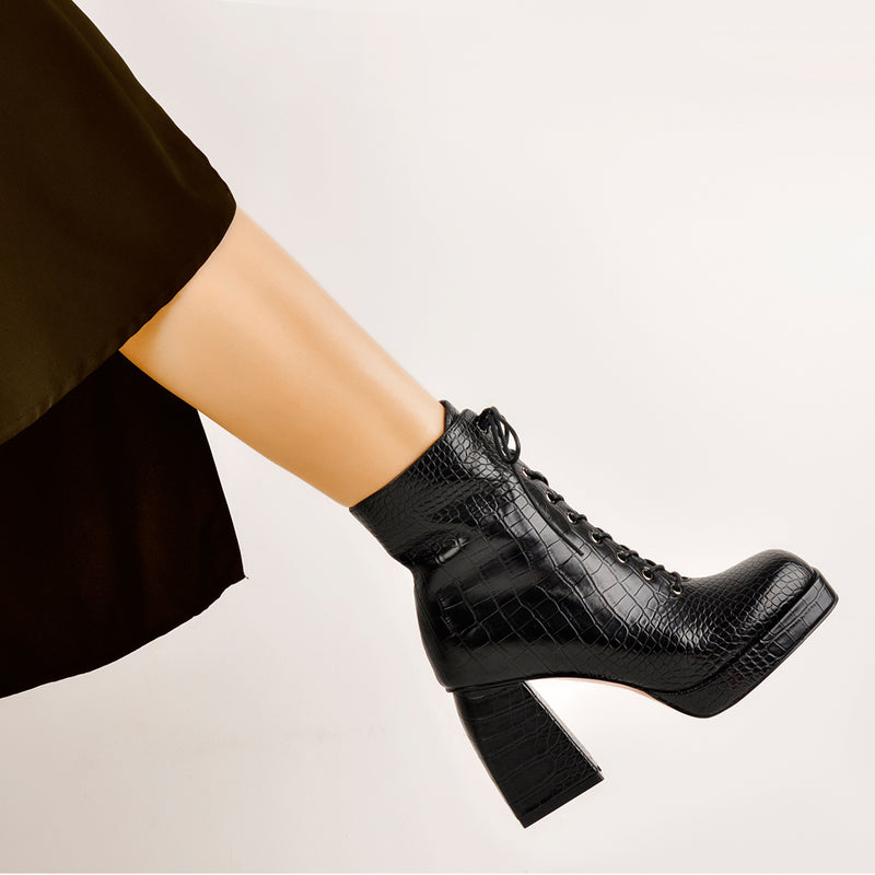Black Square Chunky Heels Ankle Strap Platform Boots
