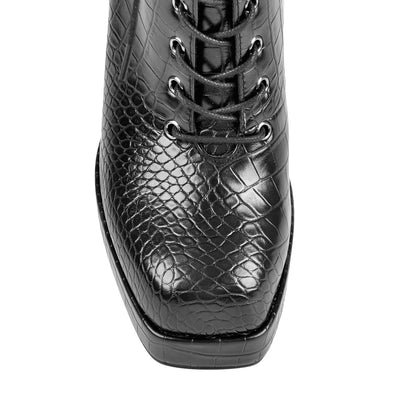 Black Square Chunky Heels Ankle Strap Platform Boots