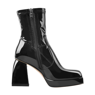 Black Patent Leather Square Chunky Heels Platform Ankle Boots