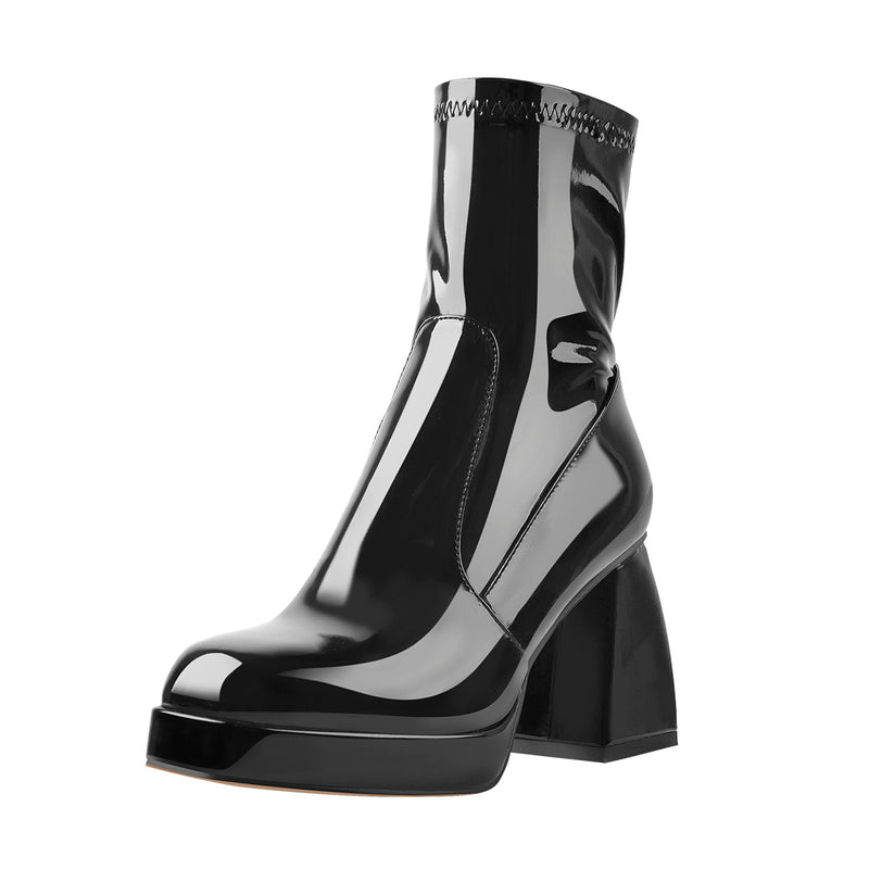 Black Patent Leather Square Chunky Heels Platform Ankle Boots