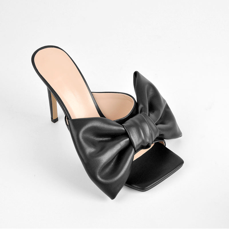 Black Bow Leather Square Toe High Stiletto Heels Sandals