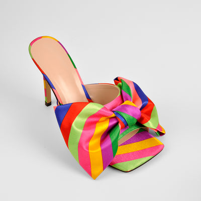 Colour Bow Leather Square Toe High Stiletto Heels Sandals