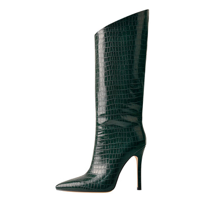 Green Stone Pattern High Heel Mid-Calf Boots