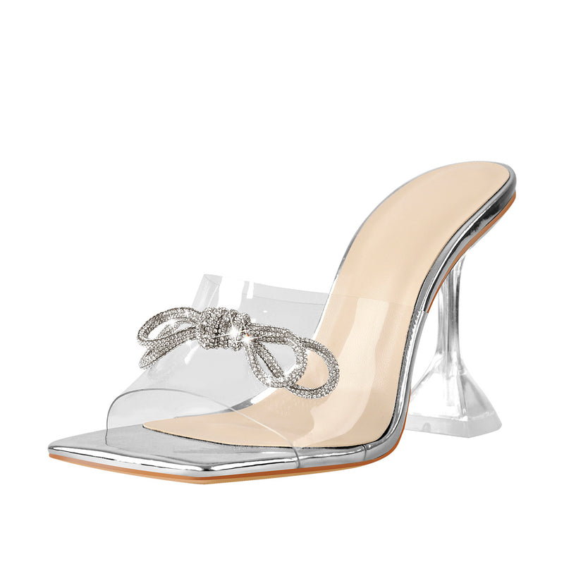 Silver Bow Transparent Clear High Heel Square Toe Sandals