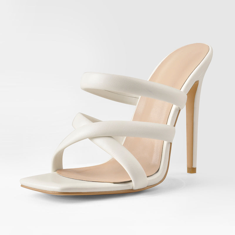 White Square Toe Matte High Heels Sandals