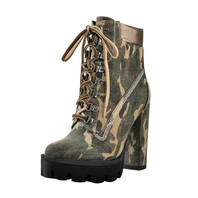 Camouflage Round Toe Platform Chunky Heels Ankle Boots