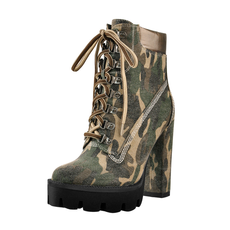 Camo Round Toe Platform Lace Chunky High Heels Ankle Boots
