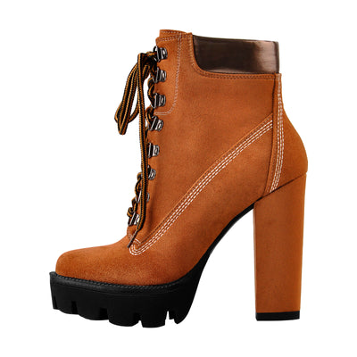 Brown Round Toe Platform Lace Chunky High Heels Ankle Boots