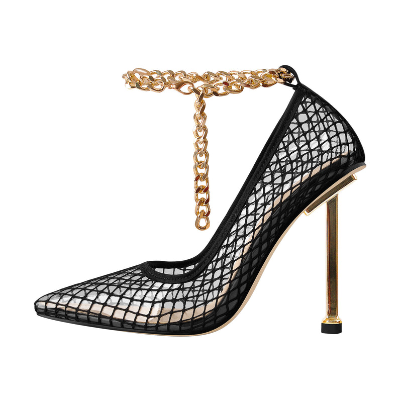 Black Fishnet Pointed Toe Ankle Metal Chain Pumps