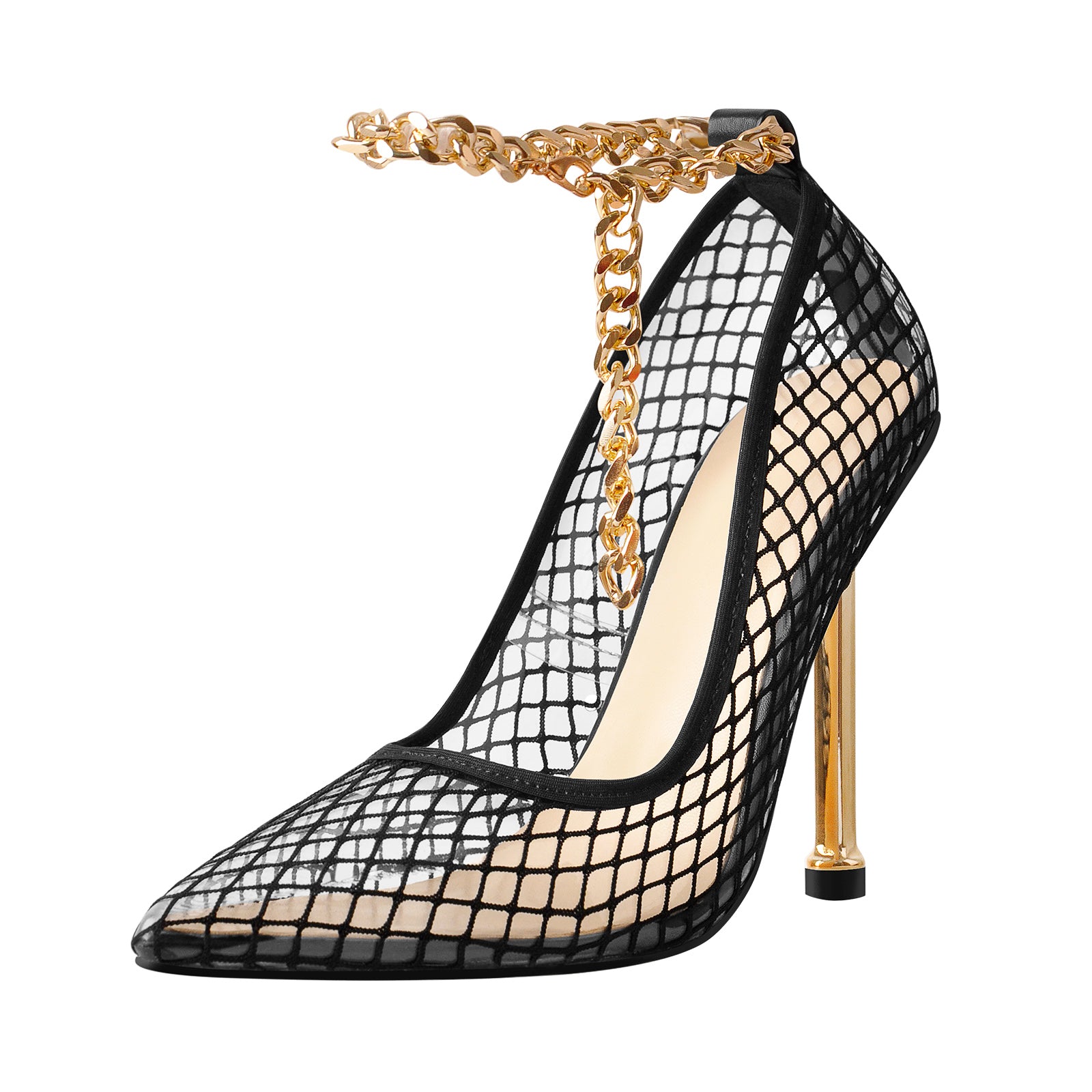 Black Fishnet Pointed Toe Ankle Metal Chain Pumps â Onlymaker