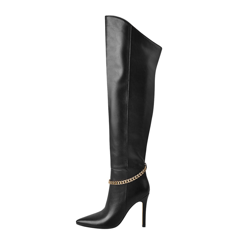 Pointed Toe Black Metal Chain Knee High Stiletto Boots