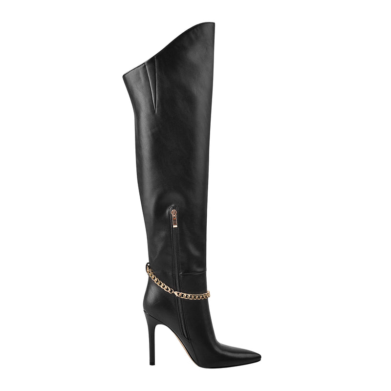 Pointed Toe Black Metal Chain Knee High Stiletto Boots – Onlymaker