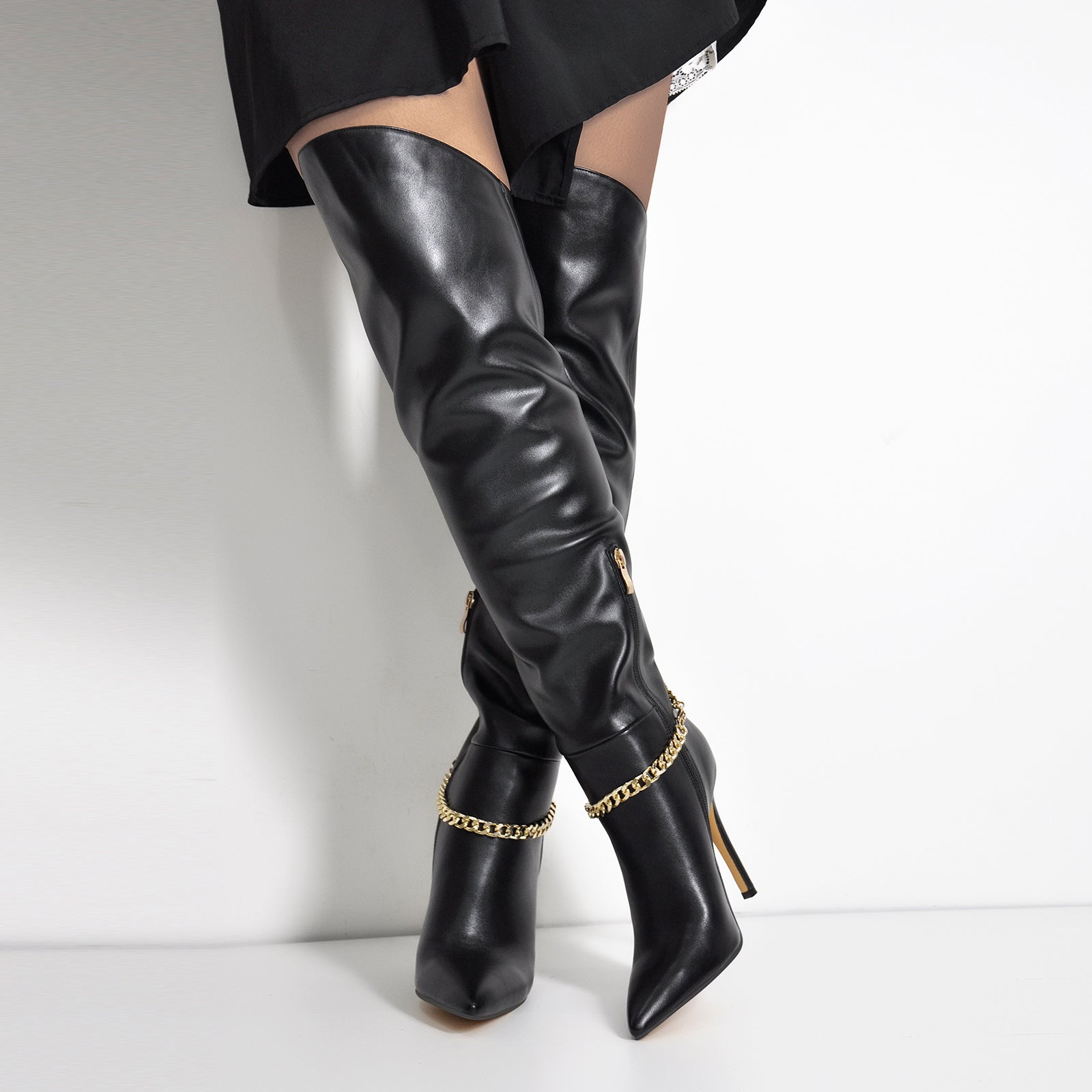 Pointed Toe Black Metal Chain Knee High Stiletto Boots – Onlymaker