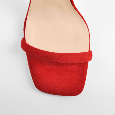Red Suede Ankle Strap Square Toe Stilettos Metal Heel Sandals