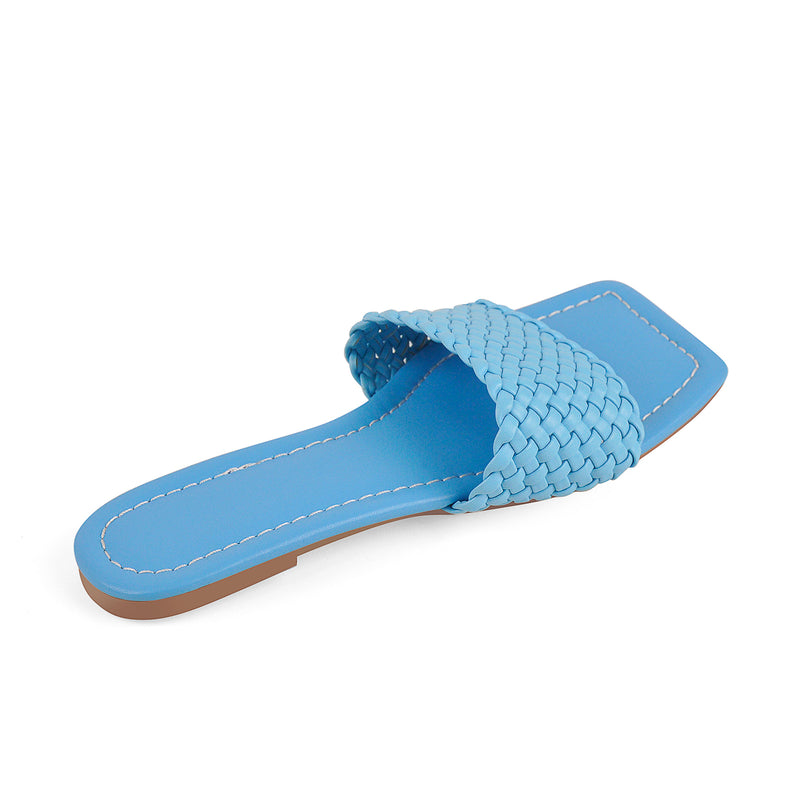 Squre Open Toe Blue Flat Sandals
