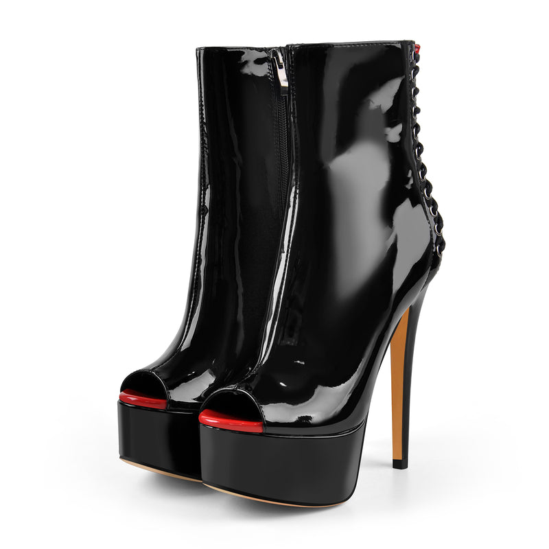 Red Peep Toe Patent Leather Zipper Ankle Boots